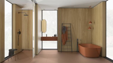 Portakal rengi ahşap duvarlı modern minimalist banyo, serbest banyo küveti, aynalı lavabo, aksesuarlar, duş, seramik fayanslar, kolye lambaları, iç tasarım konsepti.