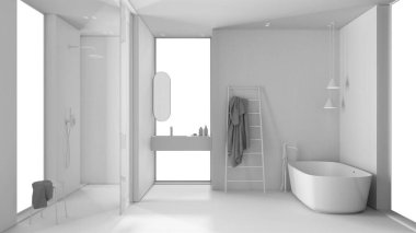 Tamamen beyaz proje taslağı, modern minimalist banyo, serbest banyo, ayna ve aksesuarlı lavabo, duş, seramik fayanslar, kolye lambaları, iç tasarım konsepti