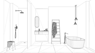 Proje taslağı, modern minimalist banyo, serbest banyo, ayna ve aksesuarlı lavabo, duş, seramik fayanslar, kolye lambaları, iç tasarım konsepti.