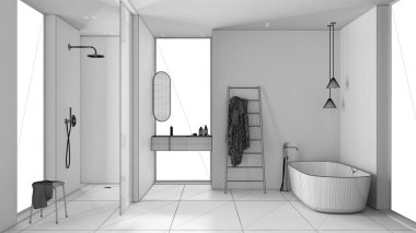 Tamamlanmamış proje taslağı, modern minimalist banyo, serbest banyo, ayna ve aksesuarlı lavabo, duş, seramik fayanslar, kolye lambaları, iç tasarım konsepti.