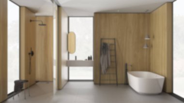 Bulanık arka plan, modern minimalist banyo, serbest banyo, ayna ve aksesuarlı lavabo, duş, seramik fayanslar, kolye lambaları, iç tasarım konsepti.