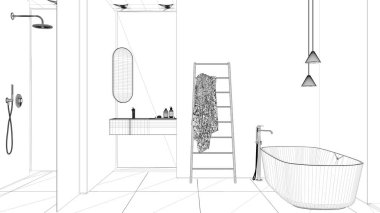 Taslak proje taslağı, ahşap duvarlı rahat minimalist banyo, serbest küvet, lavabo, ayna, aksesuarlar, duş camı, seramik fayanslar, kolye lambaları, iç tasarım.