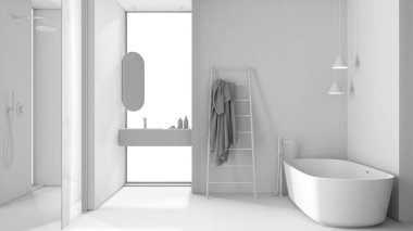 Tamamen beyaz proje, ahşap duvarlı rahat minimalist banyo, serbest banyo, lavabo, ayna, aksesuarlar, duş camı, seramik fayanslar, kolye lambaları, iç tasarım fikri.