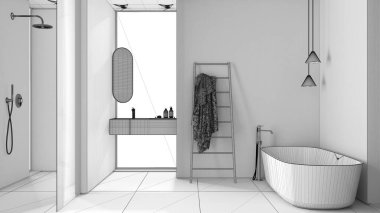Tamamlanmamış proje, ahşap duvarlı rahat minimalist banyo, serbest banyo küveti, lavabo, ayna, aksesuarlar, duş camı, seramik fayanslar, kolye lambaları, iç tasarım fikri