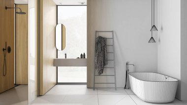 Mimari iç mimar konsepti: elle çizilmiş tamamlanmamış proje, tahta duvarlı banyo, küvet, lavabo, ayna, aksesuarlar, duş, seramik fayanslar