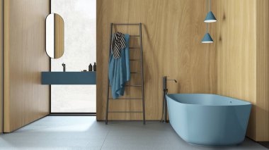 Mavi tonlu ahşap duvarlı modern minimalist banyo, serbest küvet ayna ve aksesuarlı lavabo, seramik fayanslar, pencereler, kolye lambaları, iç tasarım.