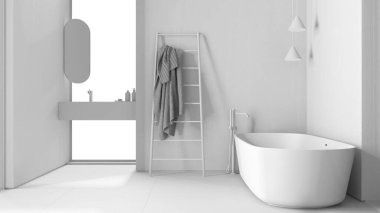 Tamamen beyaz proje taslağı, modern minimalist banyo, serbest banyo, ayna ve aksesuarlı lavabo, seramik fayanslar, pencereler, kolye lambası, iç tasarım konsepti.