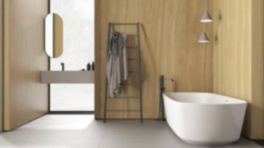 Bulanık arka plan, modern minimalist banyo, serbest banyo, ayna ve aksesuarlı lavabo, seramik fayanslar, pencereler, kolye lambaları, iç tasarım konsepti.
