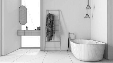 Tamamlanmamış proje taslağı, modern minimalist banyo, serbest banyo, ayna ve aksesuarlı lavabo, seramik fayanslar, pencereler, kolye lambası, iç tasarım konsepti.