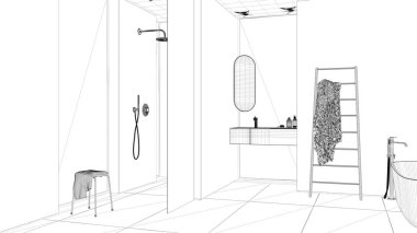 Taslak proje taslağı, ahşap duvarlı rahat minimalist banyo, küvet, ayna ve aksesuarlı lavabo, cam kaplı duş, seramik fayanslar, pencereler, iç tasarım konsepti