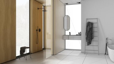Mimari iç mimar konsepti: elle çizilmiş tamamlanmamış proje, ahşap duvarlı banyo, küvet, ayna, duş, seramik fayanslar, pencereler