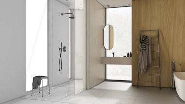 Mimari iç mimar konsepti: elle çizilmiş tamamlanmamış proje, ahşap duvarlı banyo, küvet, ayna, duş, seramik fayanslar, pencereler