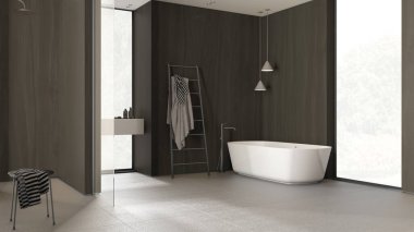 Karanlık tonlarda ahşap duvarları olan çağdaş minimalist banyo, serbest banyo, lavabo, ayna, aksesuarlar, seramik fayanslar, kolye lambaları, pencereler, iç tasarım konsepti