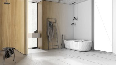 Mimari iç mimar konsepti: Banyo, ahşap duvarlar, küvet, lavabo, ayna, seramik fayanslar, kolye lambaları, pencereler, elle çizilmiş tamamlanmamış proje