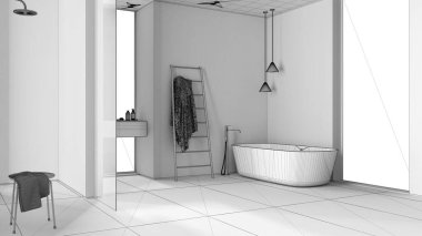 Tamamlanmamış proje taslağı, ahşap duvarlı modern minimalist banyo, küvet, lavabo, ayna, aksesuarlar, seramik fayanslar, kolye lambaları, pencereler, iç tasarım konsepti