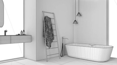 Tamamlanmamış proje taslağı, ahşap duvarları, küveti, lavabosu, aynası, aksesuarı, seramik fayansları, rafı, havluları, kolye lambaları, pencereleri, iç tasarımı olan modern banyo.