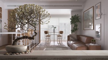 Çakıl taşı ve saksı çiçekli klasik ahşap masa rafı, beyaz çiçekler, modern oturma odasının üstünde, minimalist iç tasarım, mutfak, zen temiz mimari konsept fikri.