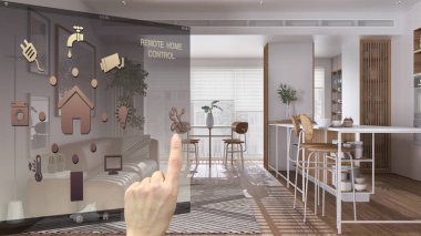 Akıllı ev kontrol konsepti, mobil uygulamadan el kontrollü dijital arayüz. Arka plan modern oturma odası ve mutfağı, mimari iç tasarımı gösteriyor