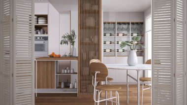 Minimalist ahşap mutfak, parke zemin, ada, sandalyeli yemek masası, çömlek rafları, mimar tasarım konsepti, bulanık arka plan.