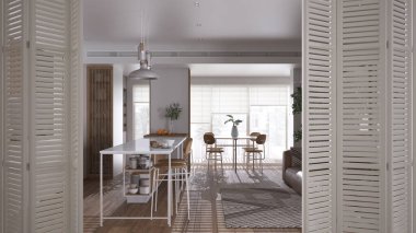 Minimalist ahşap mutfak, parke zemin, ada, sandalyeli yemek masası, ada ve aksesuarlar, mimar tasarım konsepti, bulanık arka plan