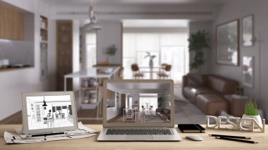 Mimari tasarımcı masaüstü konsepti, dizüstü bilgisayar ve tablet ahşap masa üzerinde iç tasarım projesi ve CAD çizimi, kanepe ve mutfağı olan modern oturma odası
