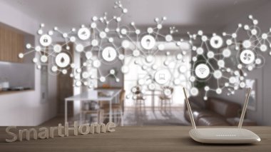 Wi-Fi kablosuz yönlendirici ahşap masa, akıllı ev, geometrik arkaplan bağlı çizgiler ve noktalar sistemlerin internetini gösteriyor, ev otomasyonu konsepti mutfak ve yaşam üzerine