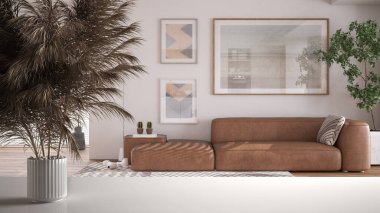 Beyaz masa üstünde ya da rafta pipetler, kuru bitkiler, süs, kulaklar, çarşaf, vazo, oturma odası üzerinde kanepe, halı ve dekorlar, modern minimal iç tasarım