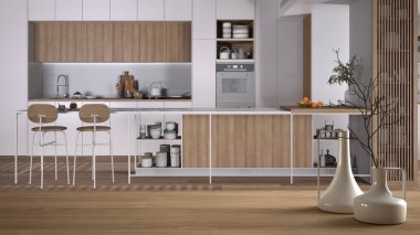 Ahşap masa ya da raf üzerinde minimalist modern vazolar yemek masası ve sandalyeli modern mutfak, parke zemin, minimalist iç mimari tasarım