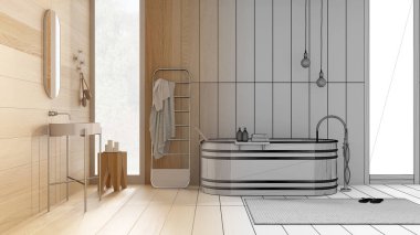 Mimari iç mimar konsepti: Banyo, ahşap duvarlar ve zemin, küvet, lavabo, havlu rafı, lamba, halı ve süslemeler gibi elle çizilmiş tamamlanmamış proje