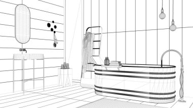 Taslak proje taslağı, ahşap duvarları ve zemini olan modern banyo, serbest küvet, seramik lavabo, havlu rafı, kolye lambası, halı, konforlu iç tasarım