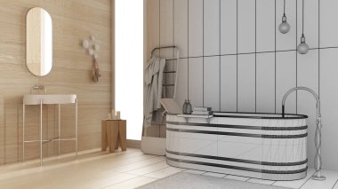 Mimari iç mimar konsepti: elle çizilmiş tamamlanmamış proje, ahşap duvarlı banyo, küvet, lavabo, havlu askı, kolye lambası, halı