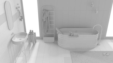 Tamamen beyaz proje taslağı, ahşap duvarları ve zemini olan rahat bir banyo, spa stili, küvet, lavabo, havlu askı, halı. En düşük kalitede iç tasarım fikri, üst görünüm, yukarıda