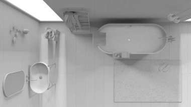 Tamamen beyaz proje, ahşap duvarları ve zemini olan rahat banyo, serbest banyo küveti, lavabo, havlu askı, lambalar, halı. Minimum vintage iç tasarım, üst görünüm, plan, yukarıda