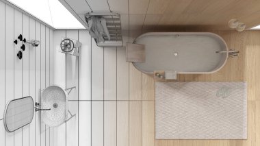 Mimari iç mimar konsepti: elle çizilmiş, tamamlanmamış, tahta duvarları ve zemini olan banyo, küvet, lavabo, havlu rafı. Üst görünüm, plan, yukarıda