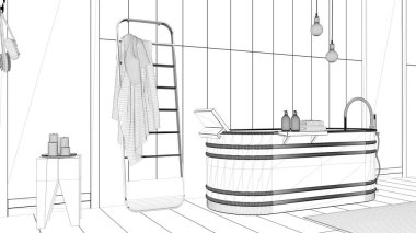 Proje taslağı, ahşap duvarları ve zemini olan banyo, spa stili, serbest banyo küveti, havlucu rafı, kolye lambaları, halı, aksesuarlar, minimal iç tasarım fikri.