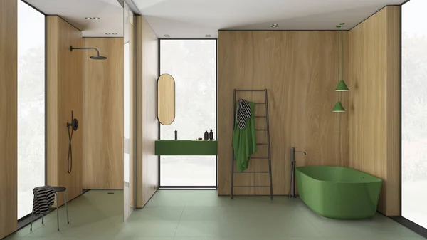 Moderne Minimalistische Badkamer Met Houten Muren Groene Tinten Vrijstaand Bad — Stockfoto