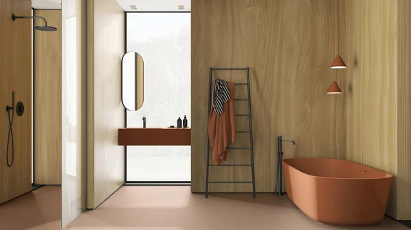 Útulná Minimalistická Koupelna Dřevěnými Stěnami Oranžových Tónech Volně Stojící Vana — Stock fotografie