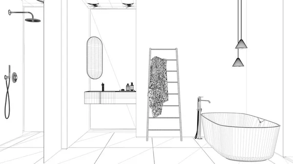 青写真プロジェクトの草案は 木製の壁 自立浴槽 洗面台 ミラー アクセサリー シャワーガラス セラミックタイル ペンダントランプ インテリアデザインと居心地の良いミニマリストバスルーム — ストック写真