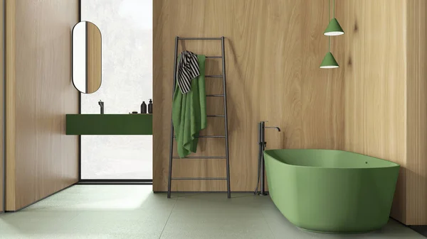 Moderne Minimalistische Badkamer Met Houten Muren Groene Tinten Vrijstaand Bad — Stockfoto