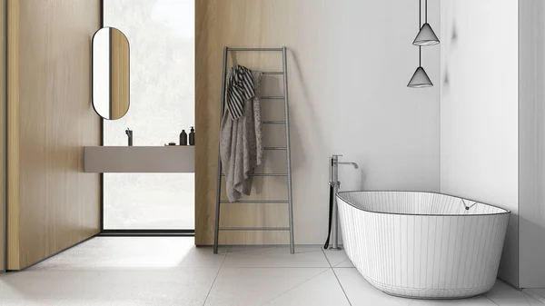 建筑师室内设计理念 手绘草稿未完成项目成为现实 独立浴缸 洗脸盆与镜子和配件 瓷砖地板 — 图库照片