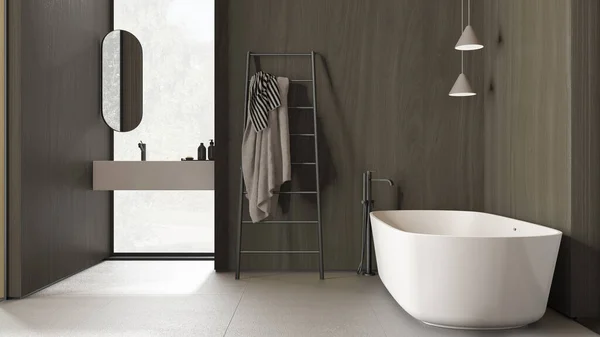 ダークトーンで木製の壁と近代的なミニマリストバスルーム 自立浴槽 鏡やアクセサリーと洗面台 セラミックタイルの床 ペンダントランプ インテリアデザイン — ストック写真