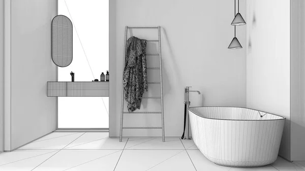 Tamamlanmamış Proje Taslağı Modern Minimalist Banyo Serbest Banyo Ayna Aksesuarlı — Stok fotoğraf
