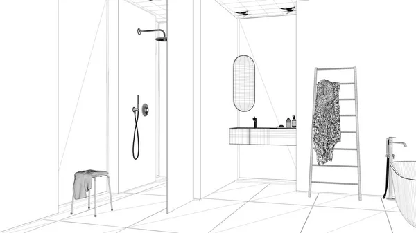 Taslak Proje Taslağı Ahşap Duvarlı Rahat Minimalist Banyo Küvet Ayna — Stok fotoğraf