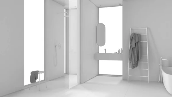 Projeto Branco Total Banheiro Minimalista Acolhedor Com Paredes Madeira Banheira — Fotografia de Stock