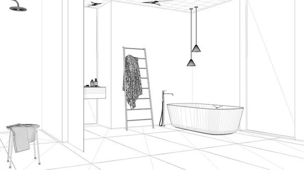 ブループリントプロジェクトの草案は 木製の壁 バスタブ 洗面台 ミラー アクセサリー セラミックタイル ペンダントランプ インテリアデザインコンセプトと現代的なミニマリストバスルーム — ストック写真