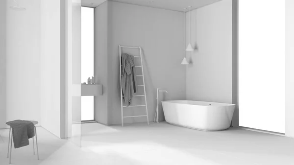 Borrador Proyecto Blanco Total Baño Minimalista Contemporáneo Con Paredes Madera — Foto de Stock