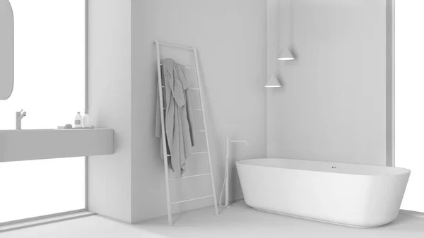 白色工程草案 舒适的当代浴室 木制墙壁 洗脸盆 室内设计 — 图库照片