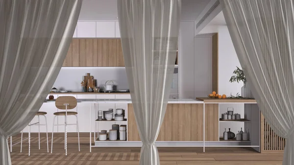 Aperture Bianche Tende Sovrapporre Moderna Cucina Legno Interior Design Sfondo — Foto Stock