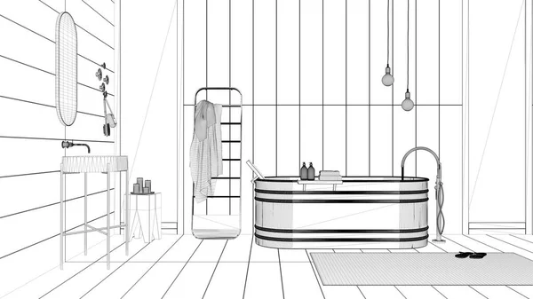 蓝图草案 舒适的浴室 木制墙壁和地板 温泉风格 独立浴缸 现代洗脸盆 毛巾架 地毯和装饰 最小的老式室内设计 — 图库照片