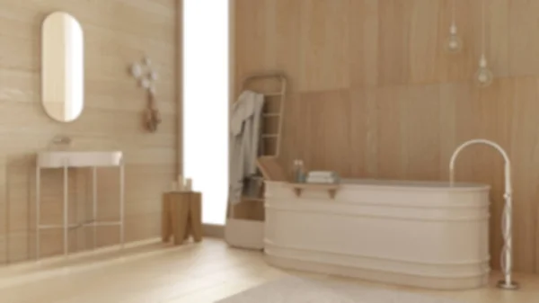 ぼかしの背景 木製の壁や床 自立浴槽 セラミック洗面台 タオルラック ペンダントランプ カーペット 居心地の良いヴィンテージインテリアデザインのアイデアと現代的な癒しのバスルーム — ストック写真
